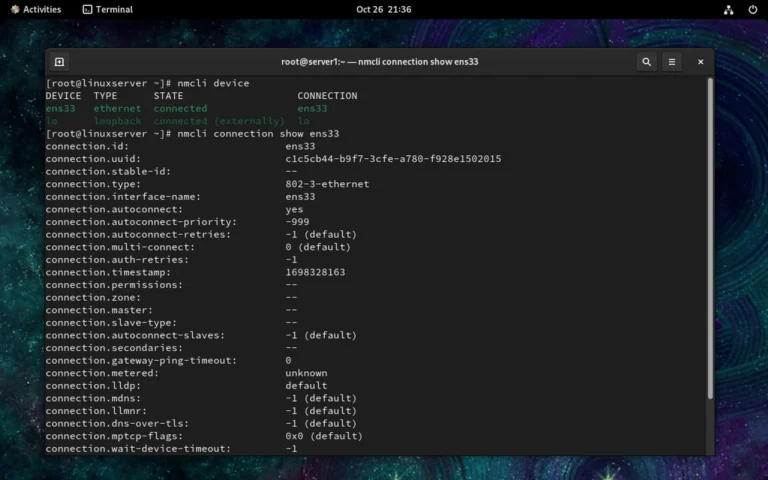 nmcli connection show ens33