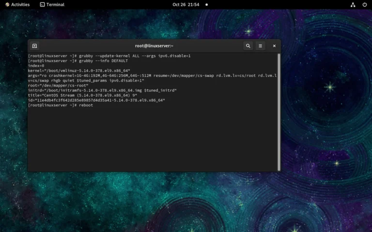 grubby --update-kernel ALL --args ipv6.disable=1